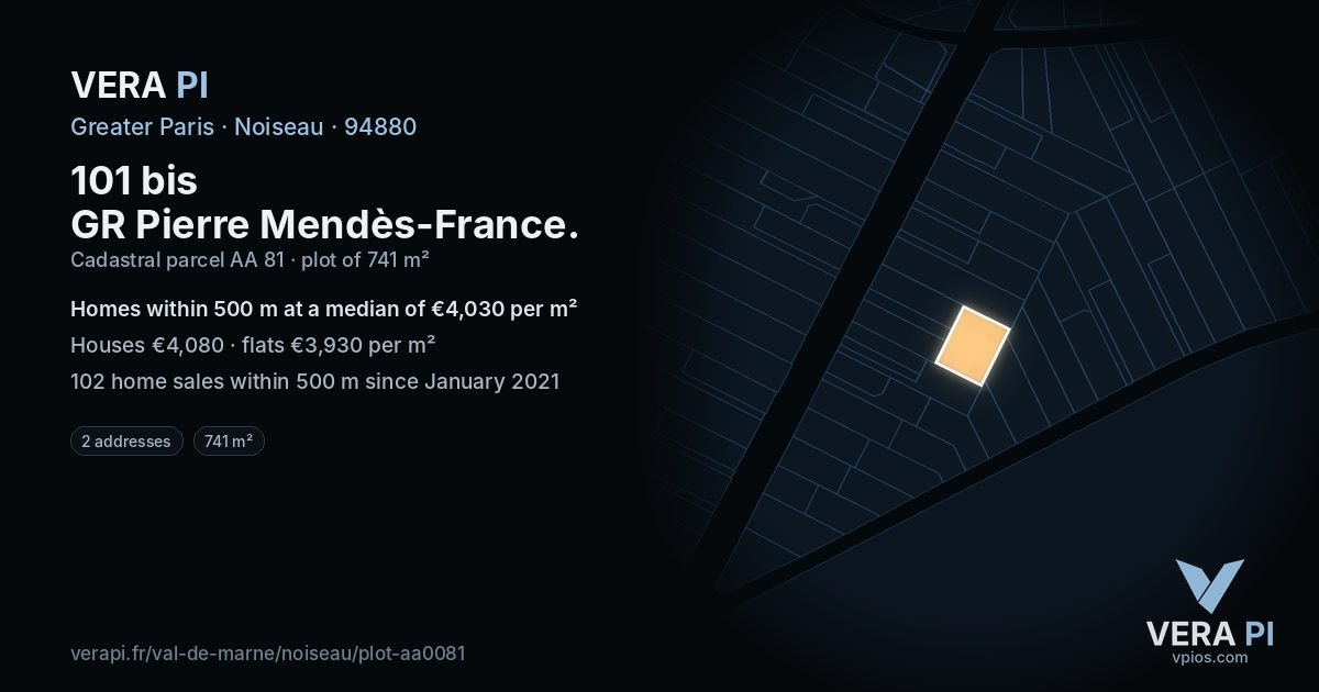 101 bis GR Pierre Mendès-France, Noiseau at night – the plot lit, the parcels around coloured by the prices near them