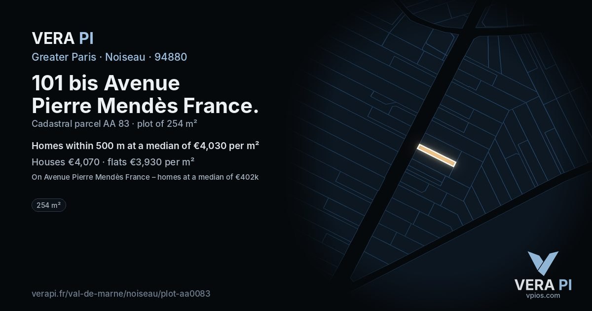 101 bis Avenue Pierre Mendès France, Noiseau at night – the plot lit, the parcels around coloured by the prices near them