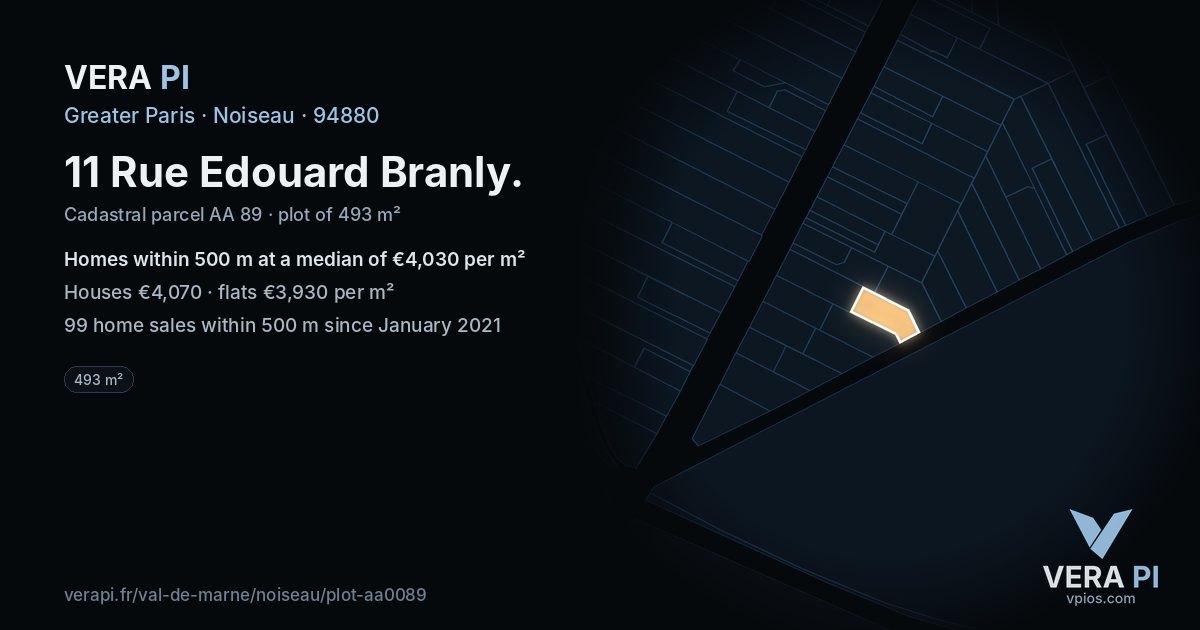11 Rue Edouard Branly, Noiseau at night – the plot lit, the parcels around coloured by the prices near them