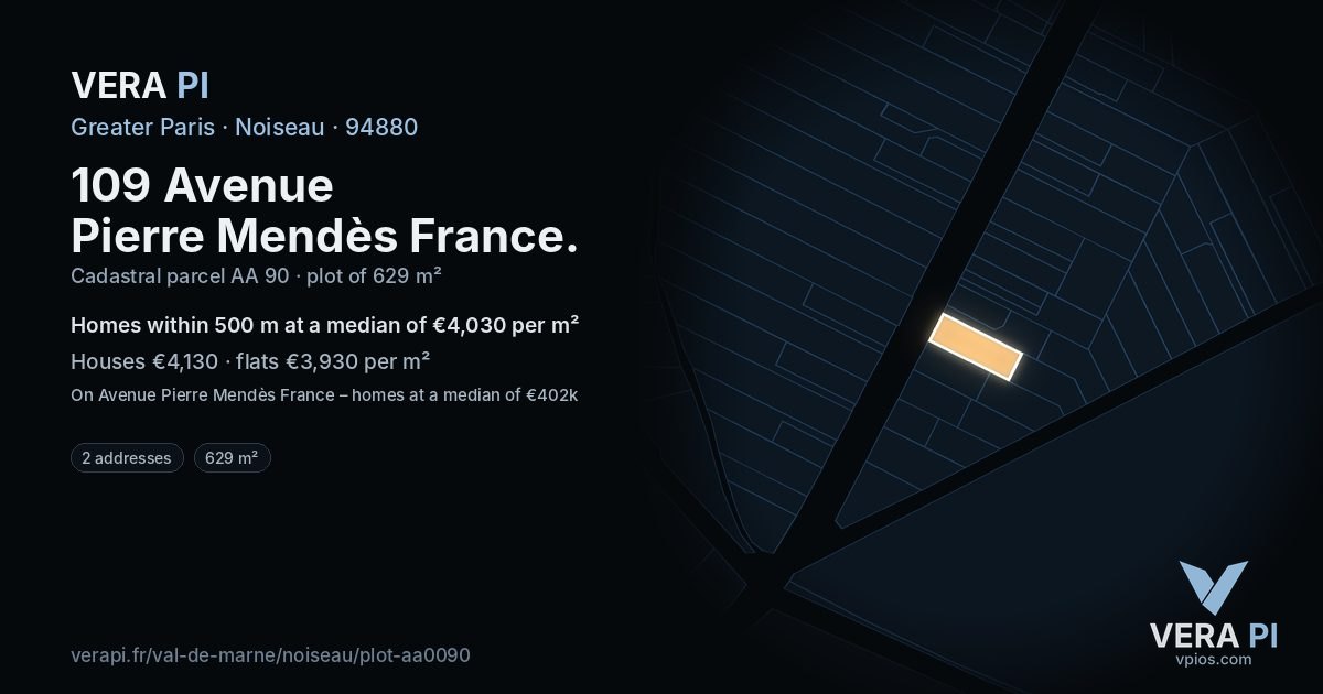 109 Avenue Pierre Mendès France, Noiseau at night – the plot lit, the parcels around coloured by the prices near them