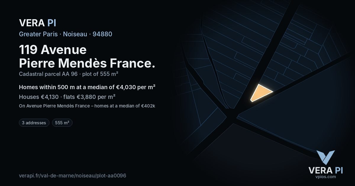 119 Avenue Pierre Mendès France, Noiseau at night – the plot lit, the parcels around coloured by the prices near them