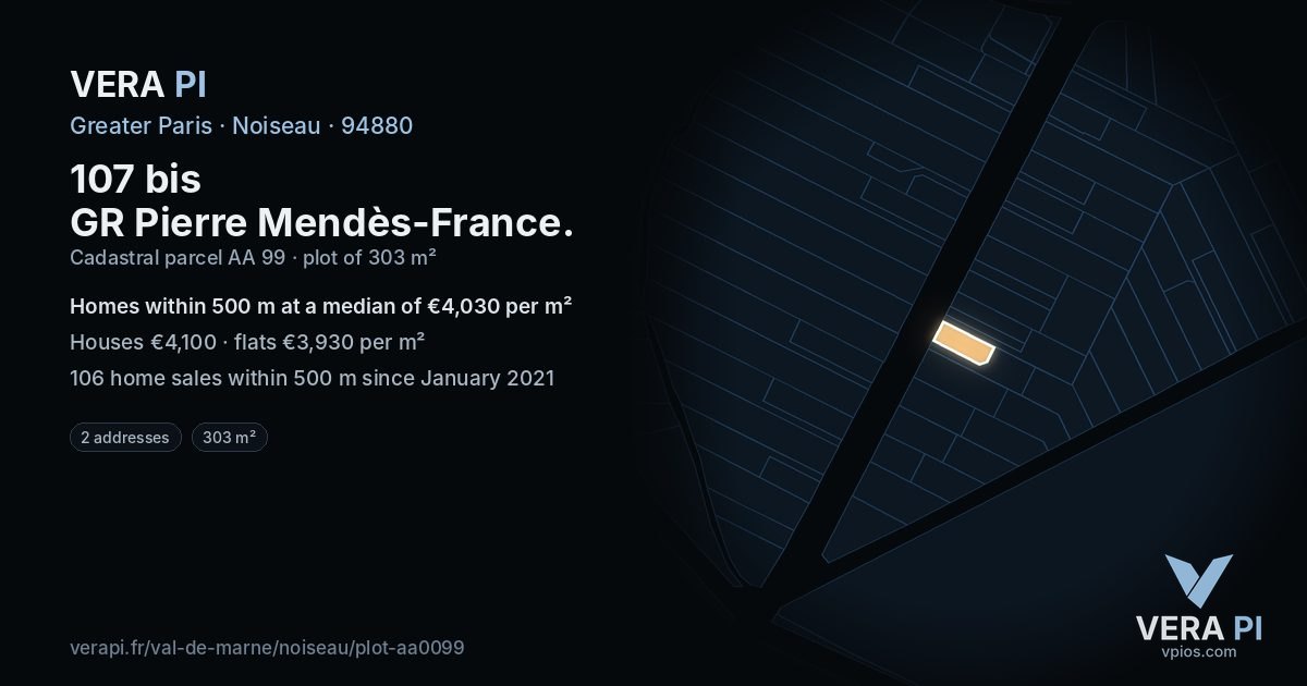 107 bis GR Pierre Mendès-France, Noiseau at night – the plot lit, the parcels around coloured by the prices near them