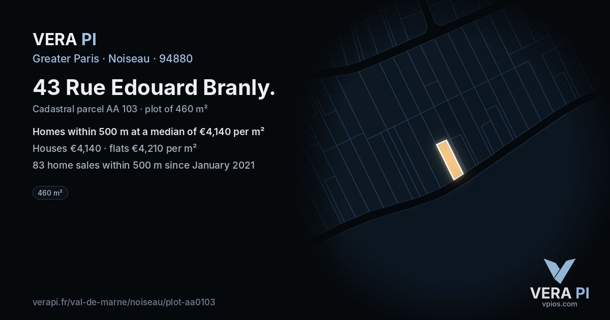 43 Rue Edouard Branly, Noiseau at night – the plot lit, the parcels around coloured by the prices near them