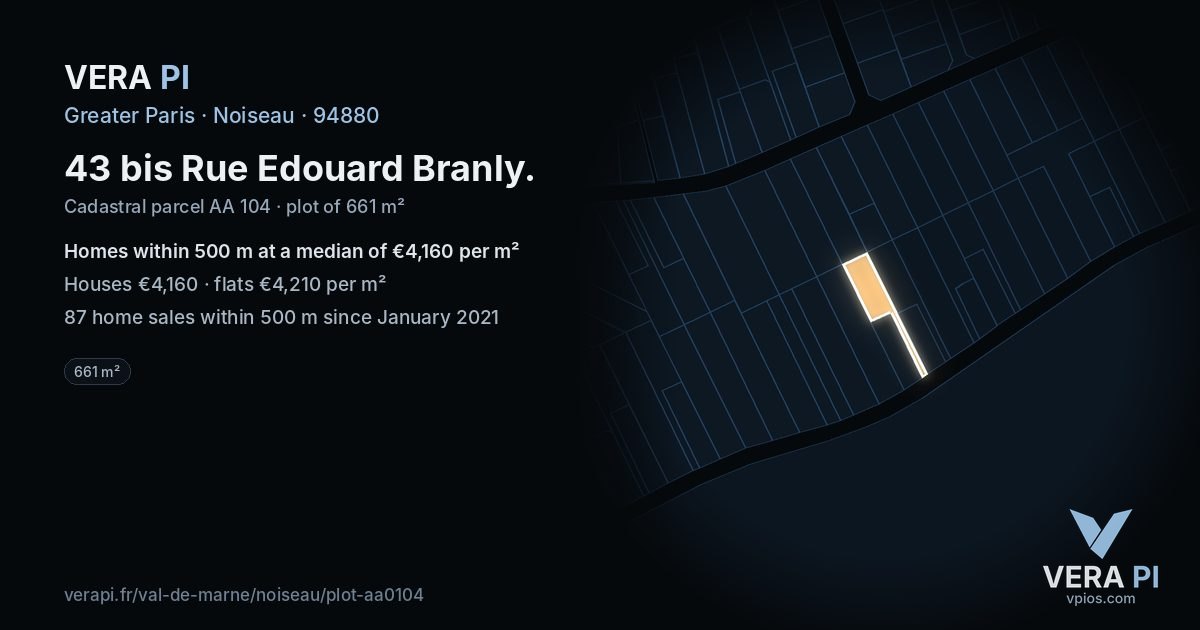 43 bis Rue Edouard Branly, Noiseau at night – the plot lit, the parcels around coloured by the prices near them