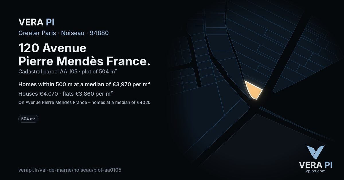 120 Avenue Pierre Mendès France, Noiseau at night – the plot lit, the parcels around coloured by the prices near them