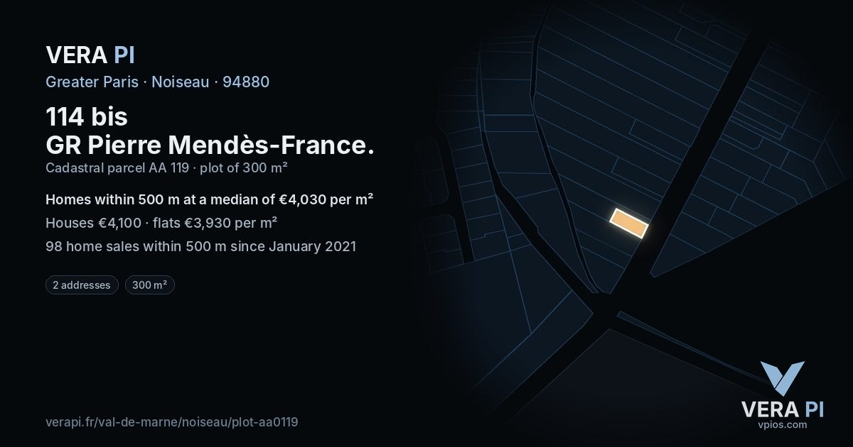 114 bis GR Pierre Mendès-France, Noiseau at night – the plot lit, the parcels around coloured by the prices near them