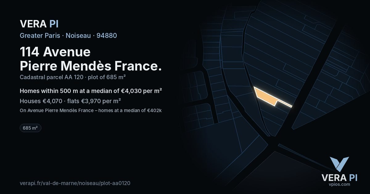 114 Avenue Pierre Mendès France, Noiseau at night – the plot lit, the parcels around coloured by the prices near them