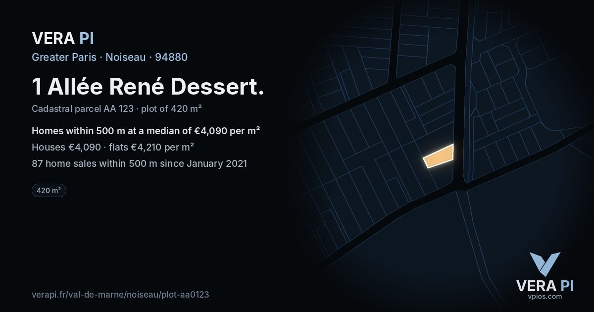 1 Allée René Dessert, Noiseau at night – the plot lit, the parcels around coloured by the prices near them