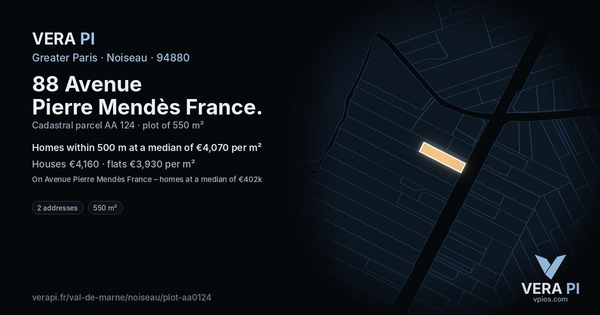 88 Avenue Pierre Mendès France, Noiseau at night – the plot lit, the parcels around coloured by the prices near them