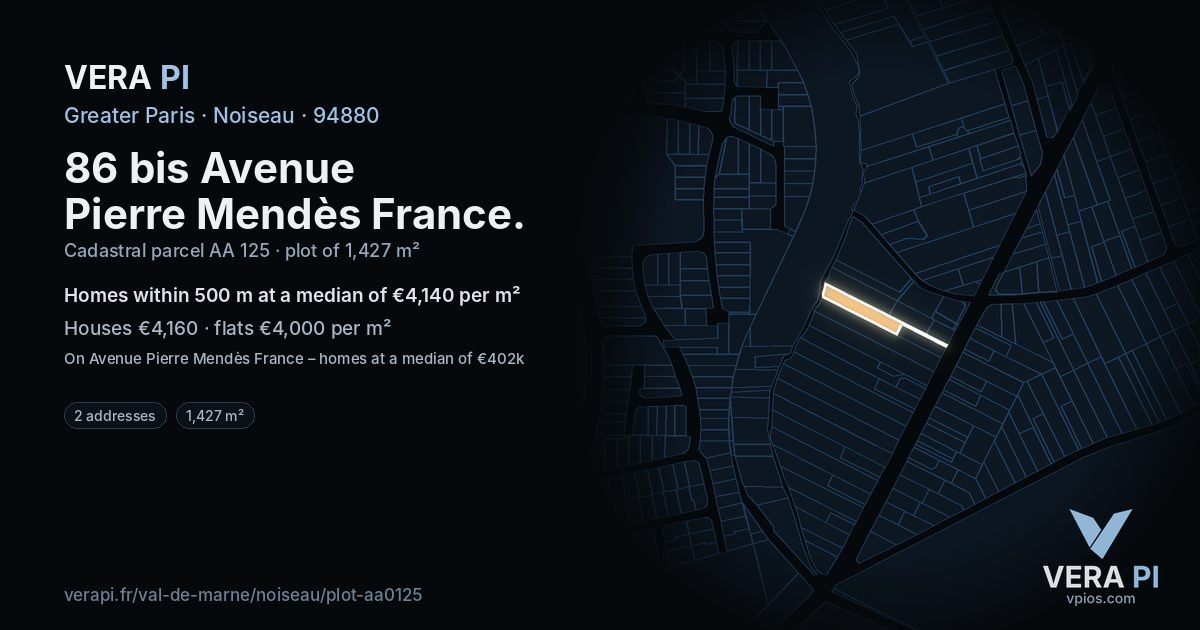 86 bis Avenue Pierre Mendès France, Noiseau at night – the plot lit, the parcels around coloured by the prices near them