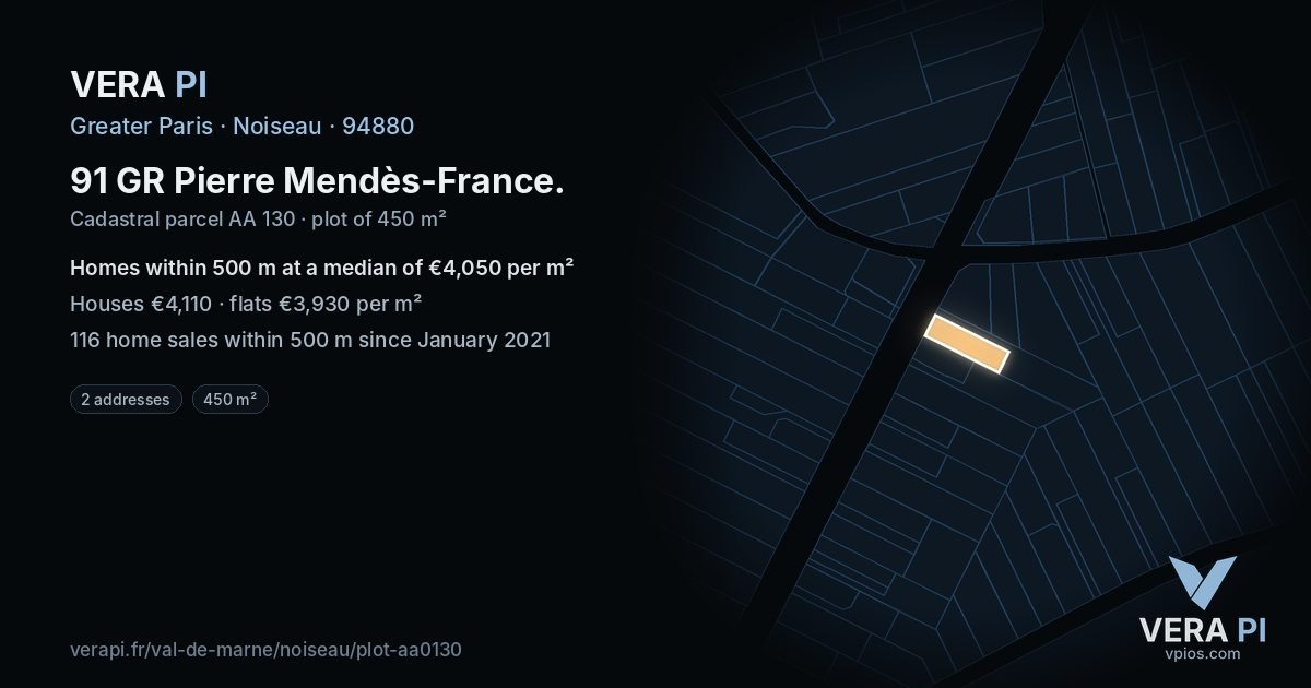 91 GR Pierre Mendès-France, Noiseau at night – the plot lit, the parcels around coloured by the prices near them
