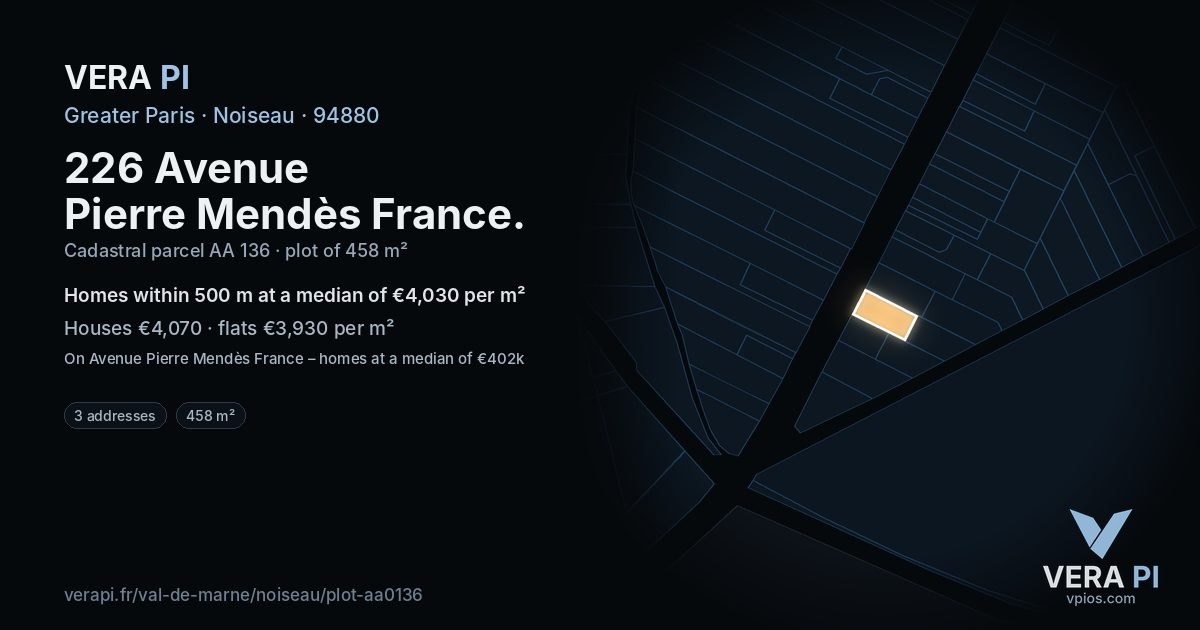 226 Avenue Pierre Mendès France, Noiseau at night – the plot lit, the parcels around coloured by the prices near them