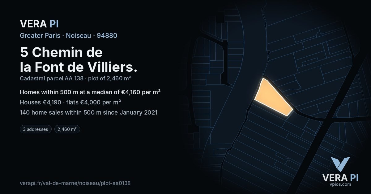 5 Chemin de la Font de Villiers, Noiseau at night – the plot lit, the parcels around coloured by the prices near them