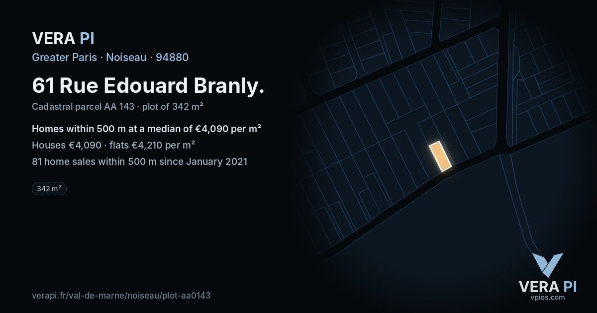 61 Rue Edouard Branly, Noiseau at night – the plot lit, the parcels around coloured by the prices near them