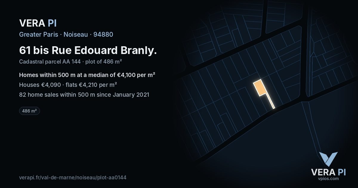 61 bis Rue Edouard Branly, Noiseau at night – the plot lit, the parcels around coloured by the prices near them