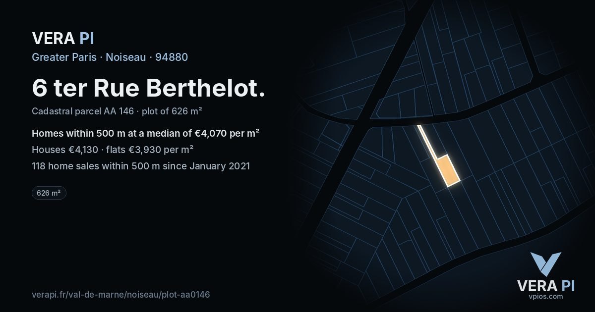 6 ter Rue Berthelot, Noiseau at night – the plot lit, the parcels around coloured by the prices near them