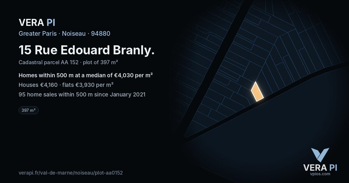 15 Rue Edouard Branly, Noiseau at night – the plot lit, the parcels around coloured by the prices near them