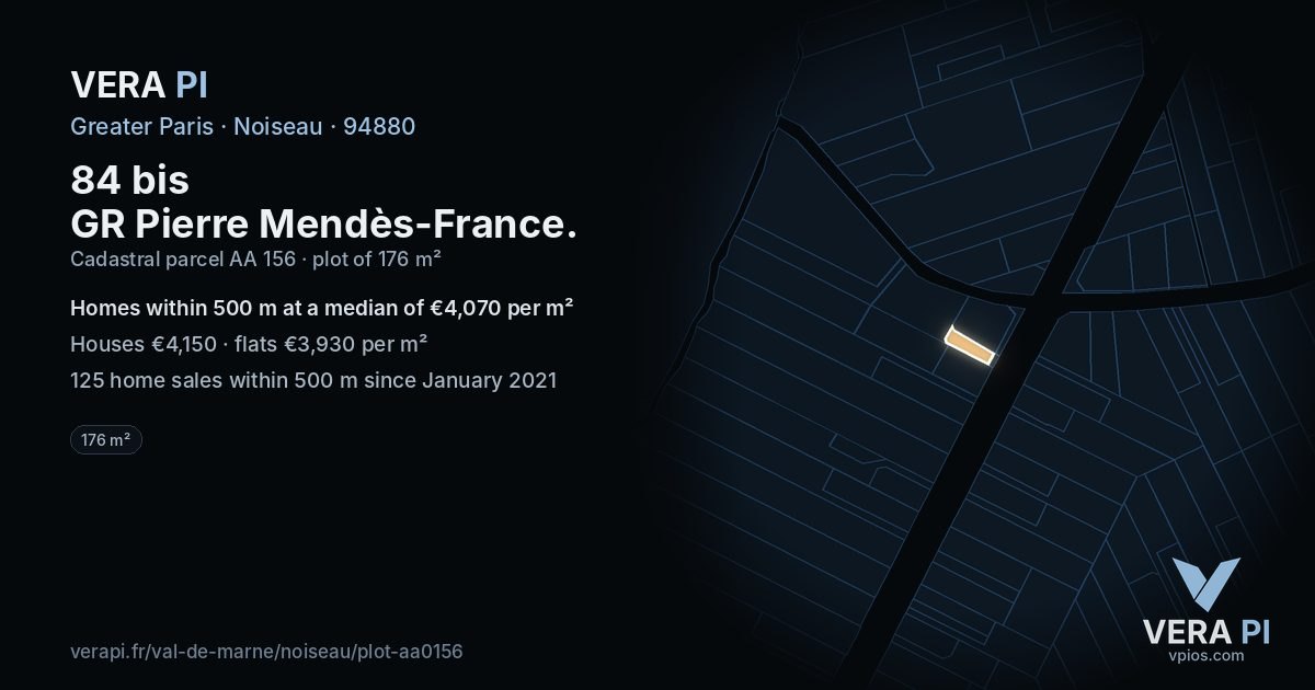 84 bis GR Pierre Mendès-France, Noiseau at night – the plot lit, the parcels around coloured by the prices near them