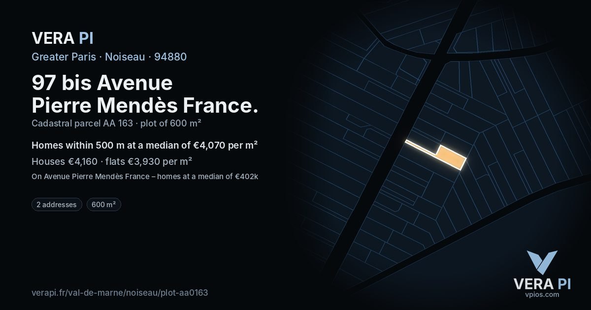 97 bis Avenue Pierre Mendès France, Noiseau at night – the plot lit, the parcels around coloured by the prices near them