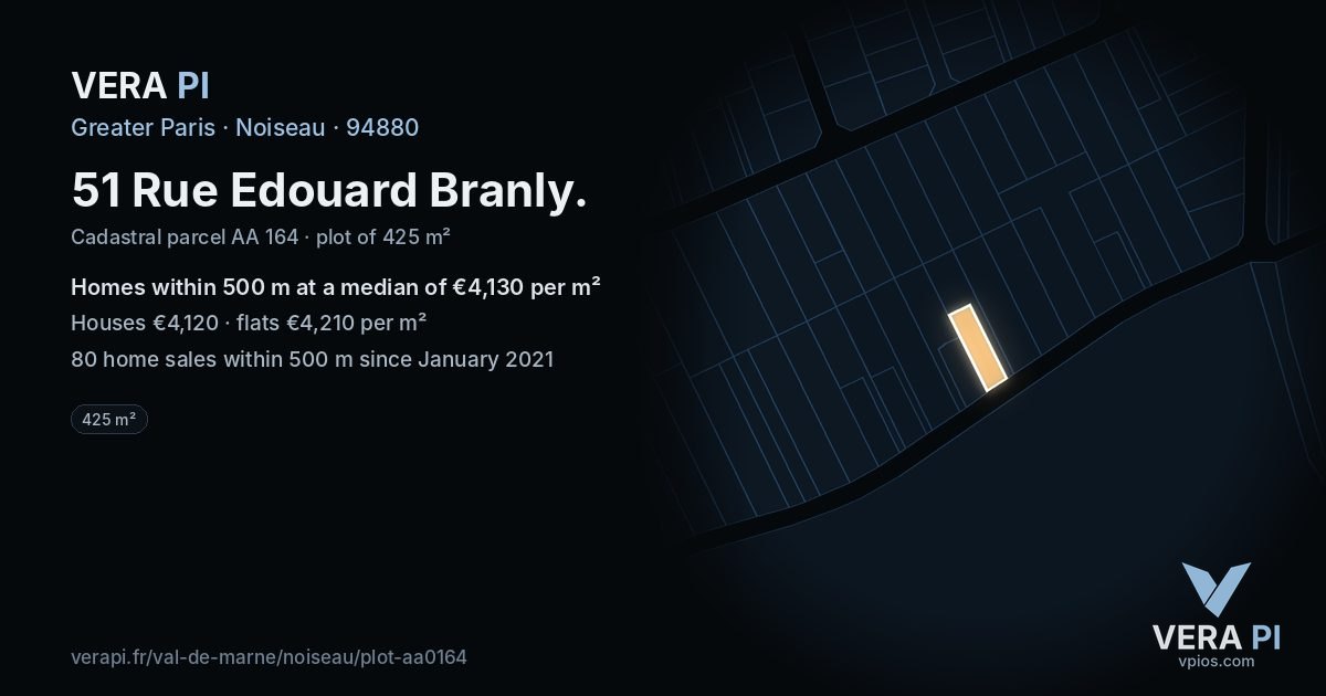 51 Rue Edouard Branly, Noiseau at night – the plot lit, the parcels around coloured by the prices near them