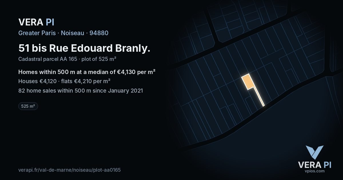 51 bis Rue Edouard Branly, Noiseau at night – the plot lit, the parcels around coloured by the prices near them