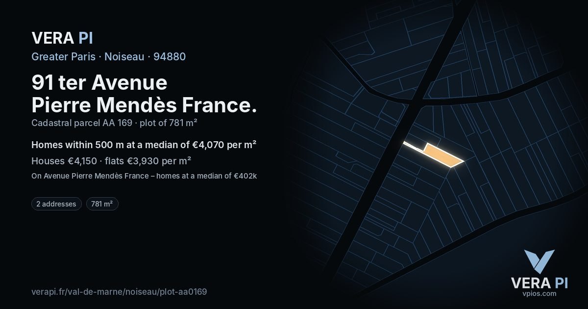 91 ter Avenue Pierre Mendès France, Noiseau at night – the plot lit, the parcels around coloured by the prices near them