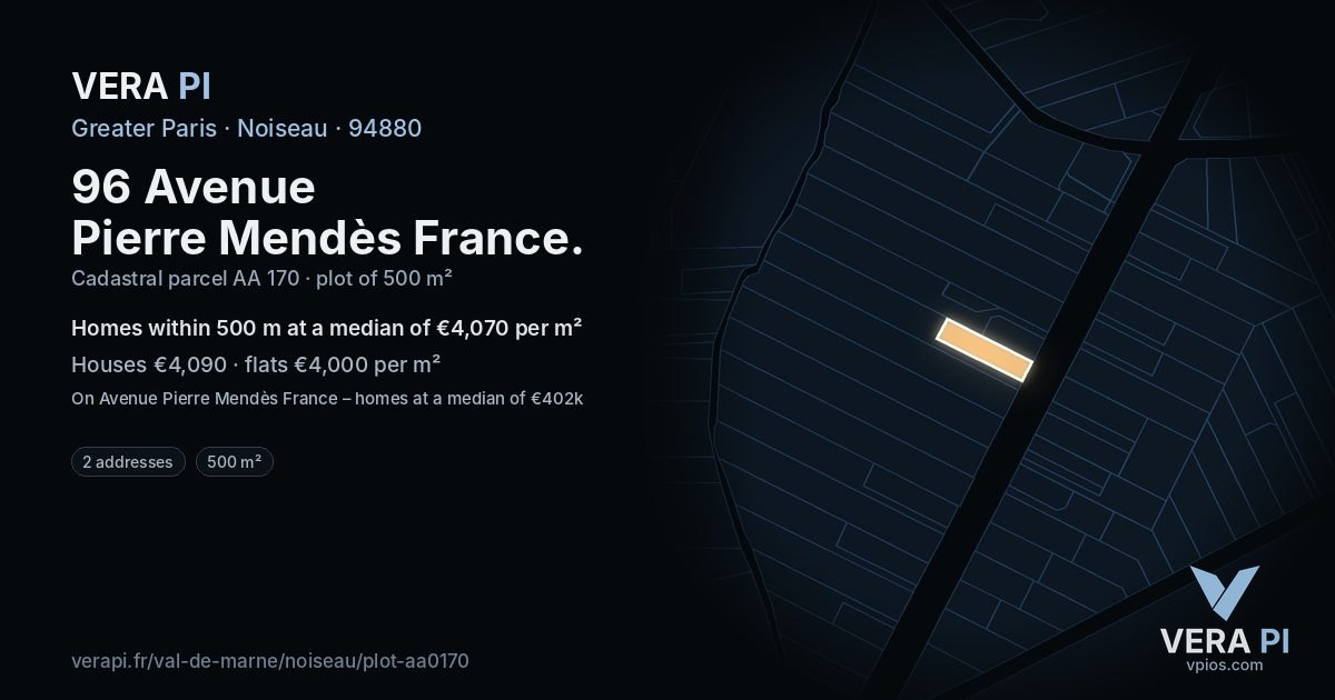 96 Avenue Pierre Mendès France, Noiseau at night – the plot lit, the parcels around coloured by the prices near them
