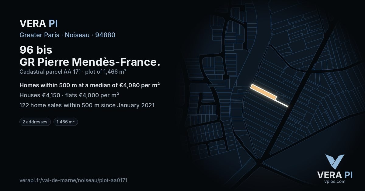 96 bis GR Pierre Mendès-France, Noiseau at night – the plot lit, the parcels around coloured by the prices near them