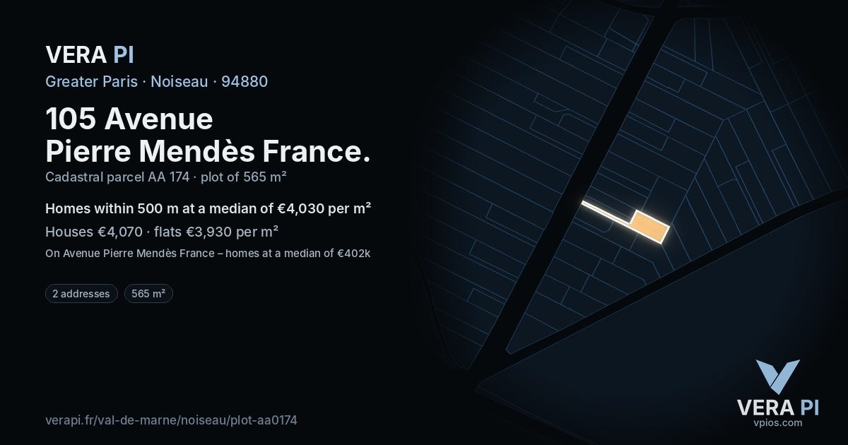 105 Avenue Pierre Mendès France, Noiseau at night – the plot lit, the parcels around coloured by the prices near them