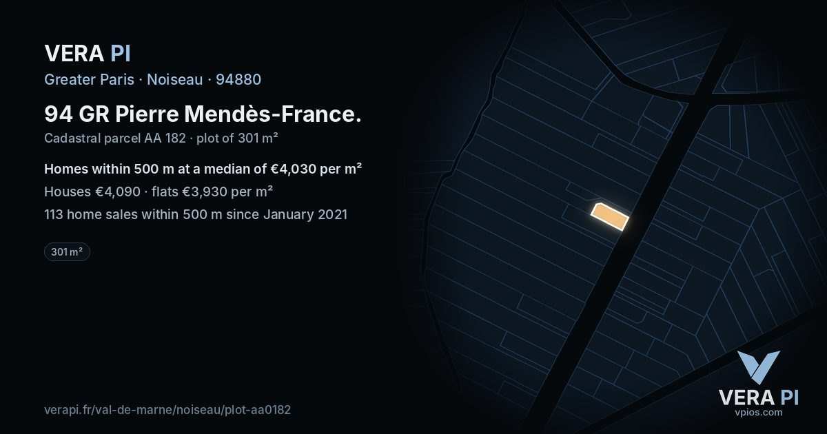 94 GR Pierre Mendès-France, Noiseau at night – the plot lit, the parcels around coloured by the prices near them