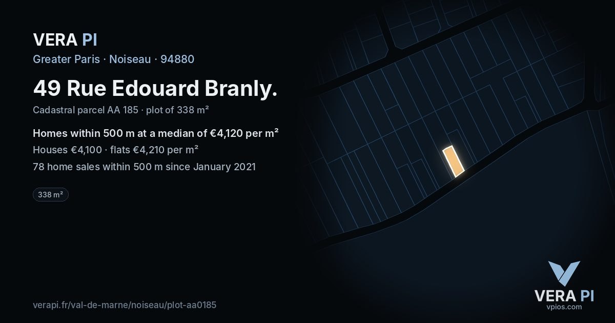 49 Rue Edouard Branly, Noiseau at night – the plot lit, the parcels around coloured by the prices near them
