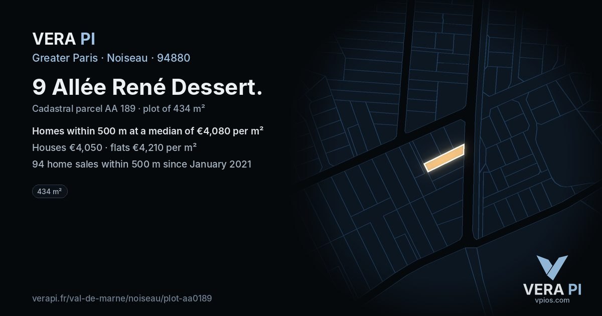 9 Allée René Dessert, Noiseau at night – the plot lit, the parcels around coloured by the prices near them