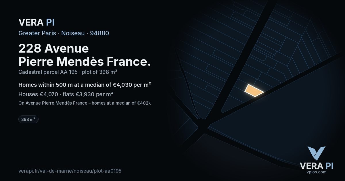 228 Avenue Pierre Mendès France, Noiseau at night – the plot lit, the parcels around coloured by the prices near them
