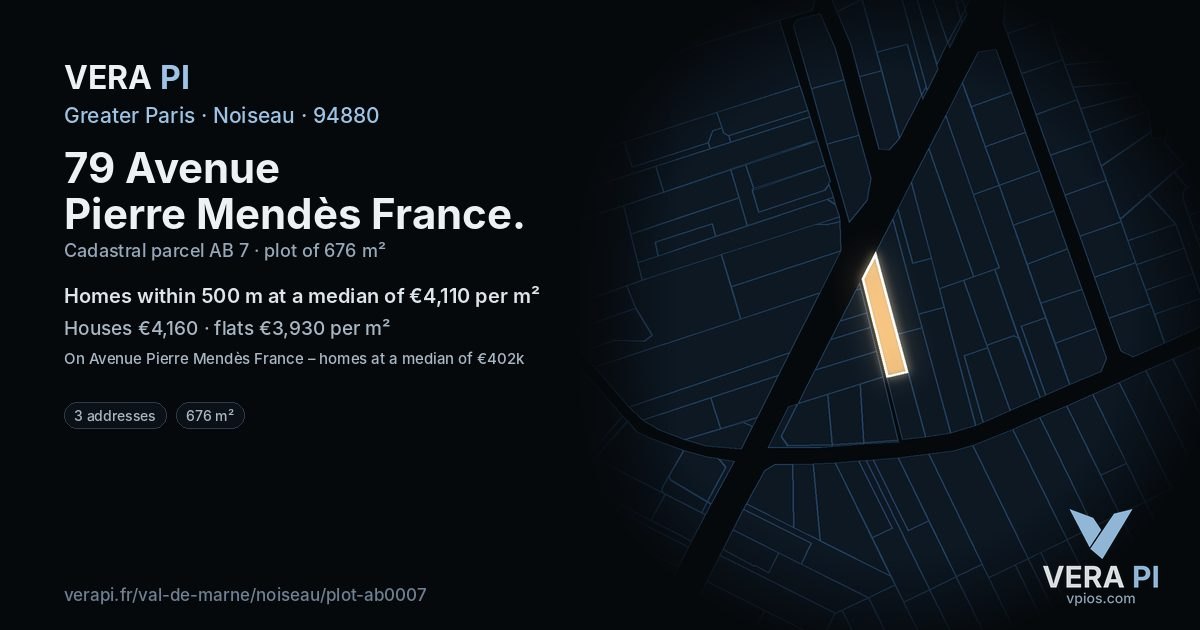79 Avenue Pierre Mendès France, Noiseau at night – the plot lit, the parcels around coloured by the prices near them