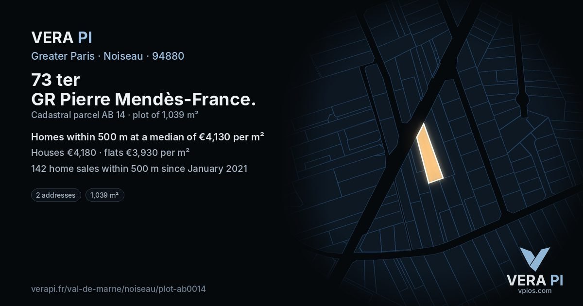 73 ter GR Pierre Mendès-France, Noiseau at night – the plot lit, the parcels around coloured by the prices near them