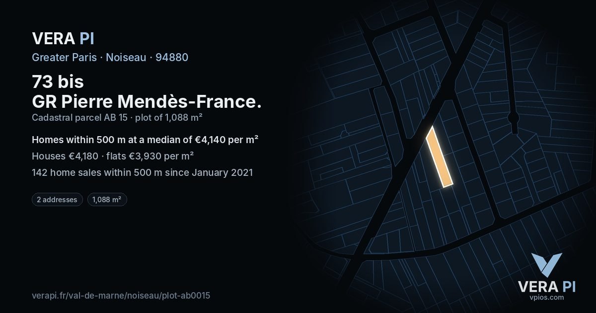 73 bis GR Pierre Mendès-France, Noiseau at night – the plot lit, the parcels around coloured by the prices near them