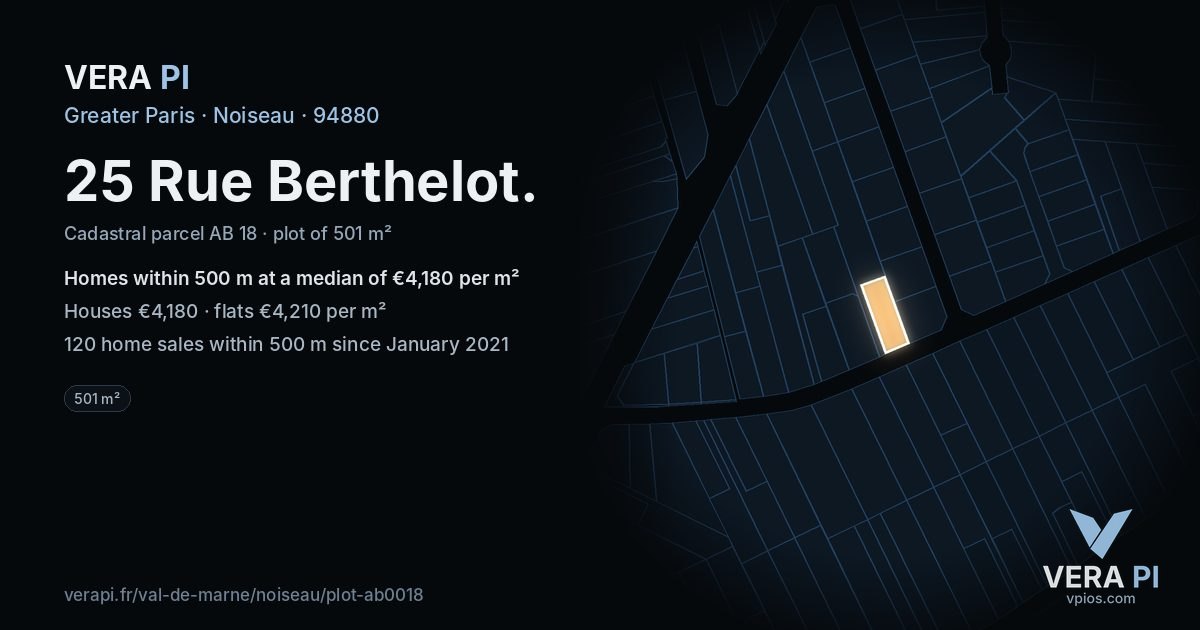 25 Rue Berthelot, Noiseau at night – the plot lit, the parcels around coloured by the prices near them