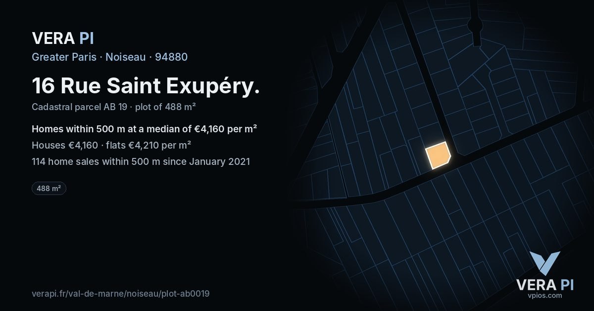 16 Rue Saint Exupéry, Noiseau at night – the plot lit, the parcels around coloured by the prices near them