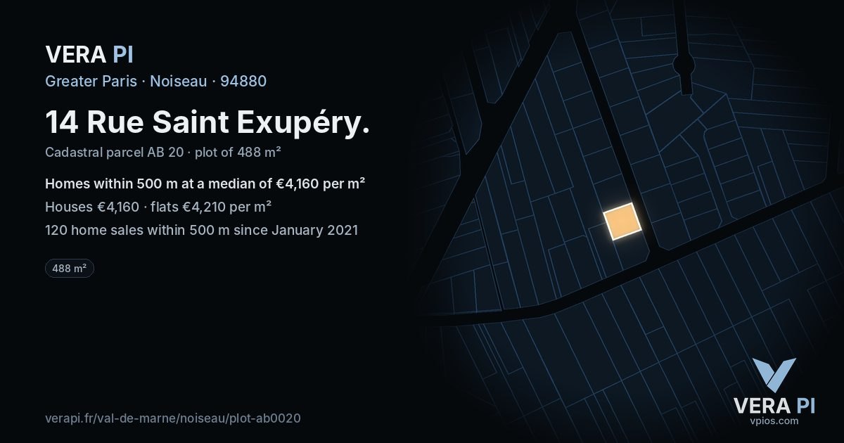 14 Rue Saint Exupéry, Noiseau at night – the plot lit, the parcels around coloured by the prices near them