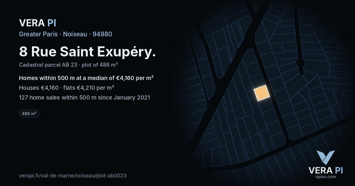 8 Rue Saint Exupéry, Noiseau at night – the plot lit, the parcels around coloured by the prices near them