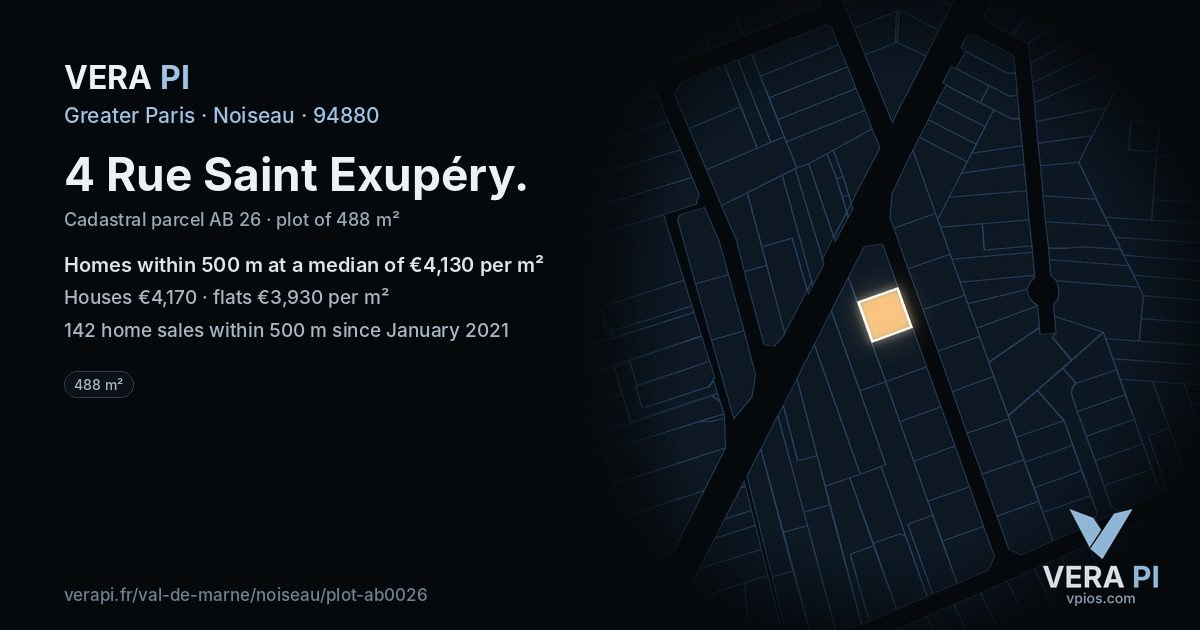 4 Rue Saint Exupéry, Noiseau at night – the plot lit, the parcels around coloured by the prices near them