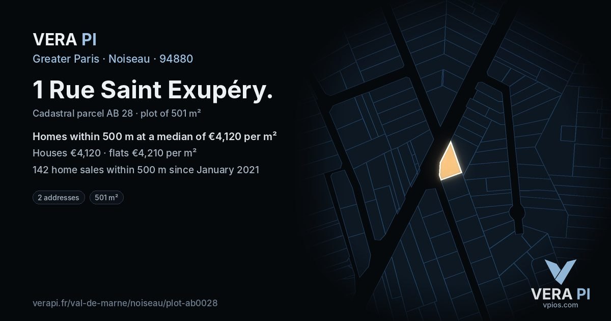 1 Rue Saint Exupéry, Noiseau at night – the plot lit, the parcels around coloured by the prices near them