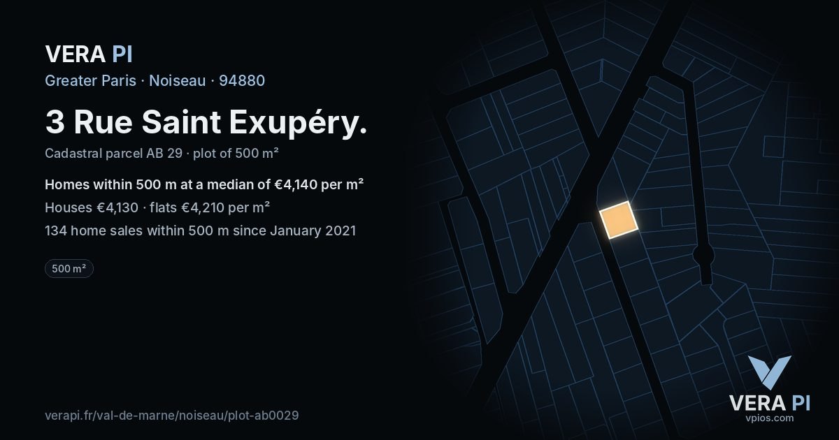 3 Rue Saint Exupéry, Noiseau at night – the plot lit, the parcels around coloured by the prices near them