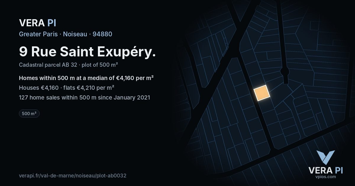 9 Rue Saint Exupéry, Noiseau at night – the plot lit, the parcels around coloured by the prices near them