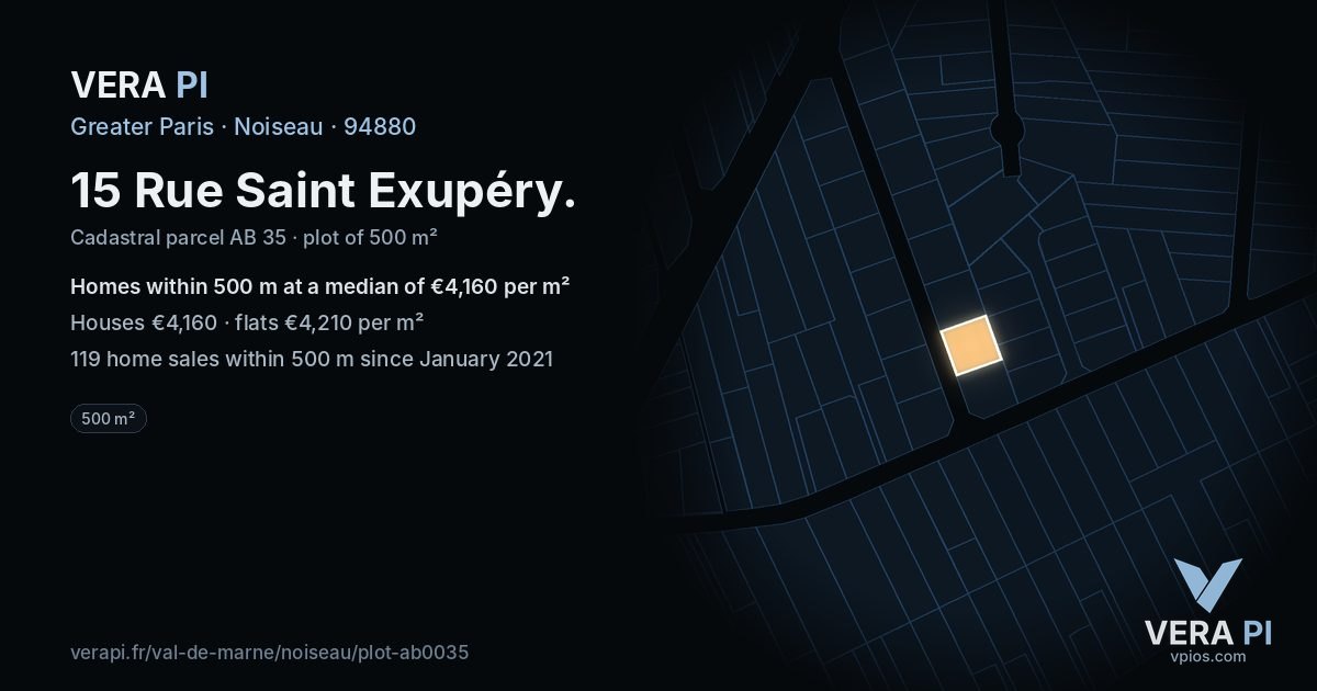15 Rue Saint Exupéry, Noiseau at night – the plot lit, the parcels around coloured by the prices near them