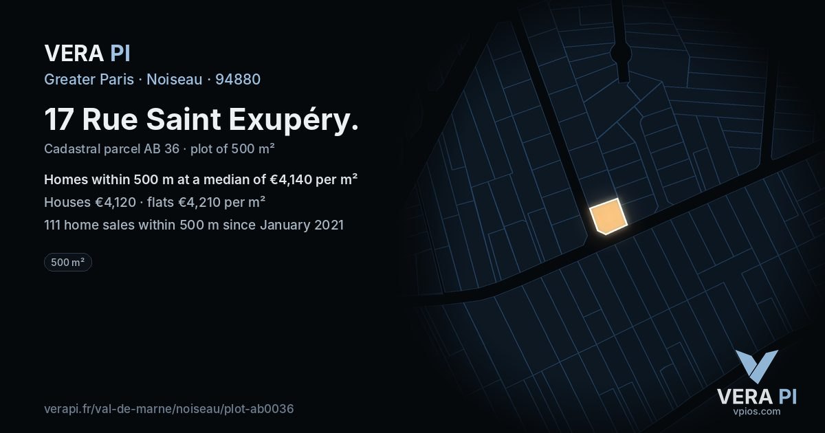 17 Rue Saint Exupéry, Noiseau at night – the plot lit, the parcels around coloured by the prices near them