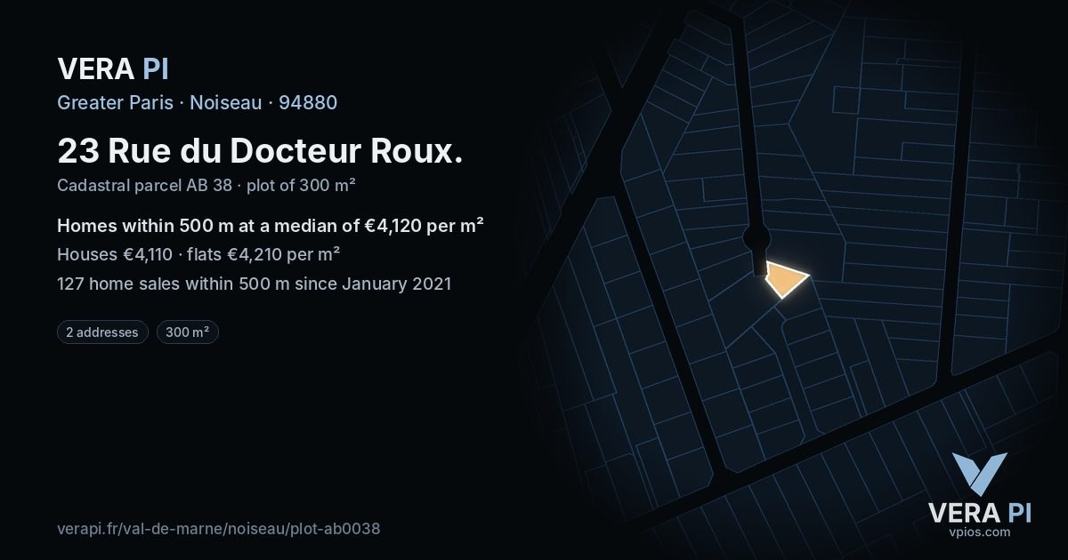 23 Rue du Docteur Roux, Noiseau at night – the plot lit, the parcels around coloured by the prices near them