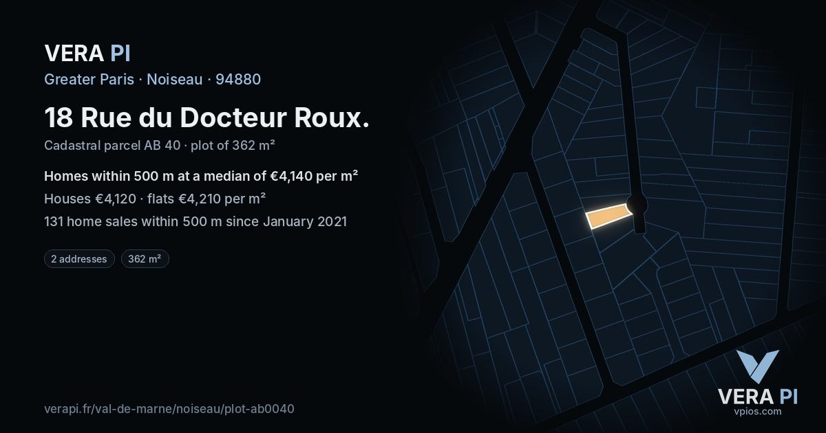 18 Rue du Docteur Roux, Noiseau at night – the plot lit, the parcels around coloured by the prices near them