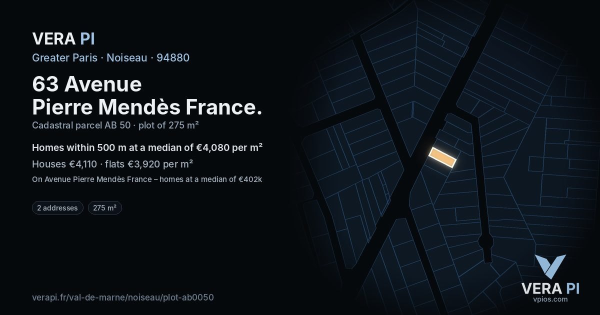 63 Avenue Pierre Mendès France, Noiseau at night – the plot lit, the parcels around coloured by the prices near them