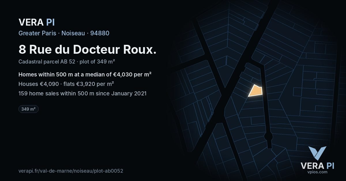 8 Rue du Docteur Roux, Noiseau at night – the plot lit, the parcels around coloured by the prices near them